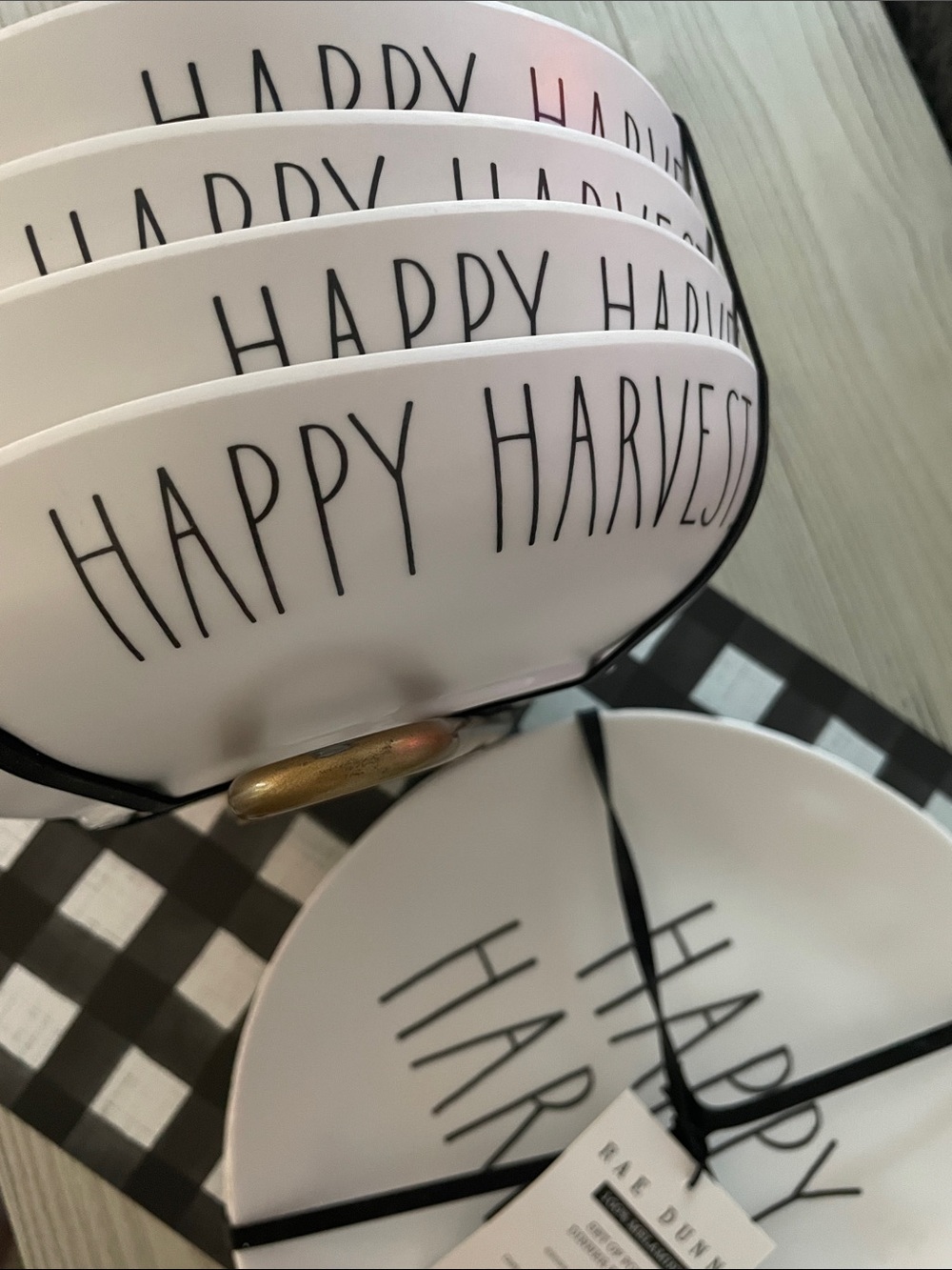 Rae Dunn White Bowls with Black 'HAPPY' Hand-Lettering